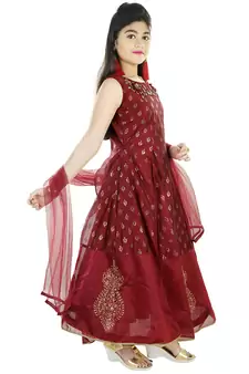 Maroon Printed Embroidered Silk Gown for Girls