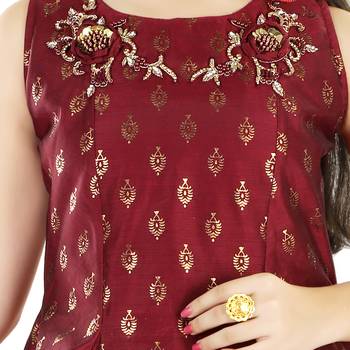 Maroon Printed Embroidered Silk Gown for Girls 3