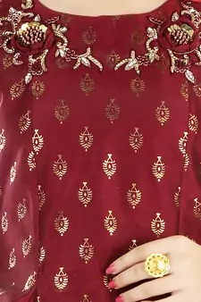 Maroon Printed Embroidered Silk Gown for Girls
