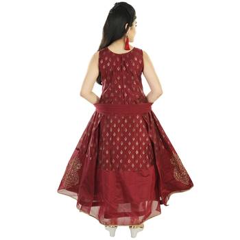 Maroon Printed Embroidered Silk Gown for Girls 4