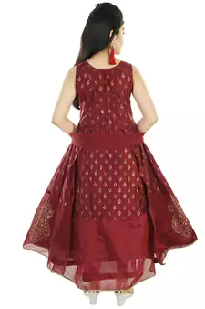 Maroon Printed Embroidered Silk Gown for Girls