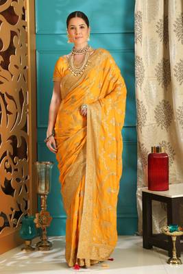 Yellow Full embroidered With Stone work silk saree 1