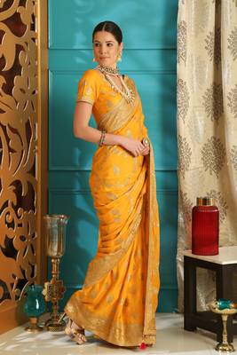 Yellow Full embroidered With Stone work silk saree 3