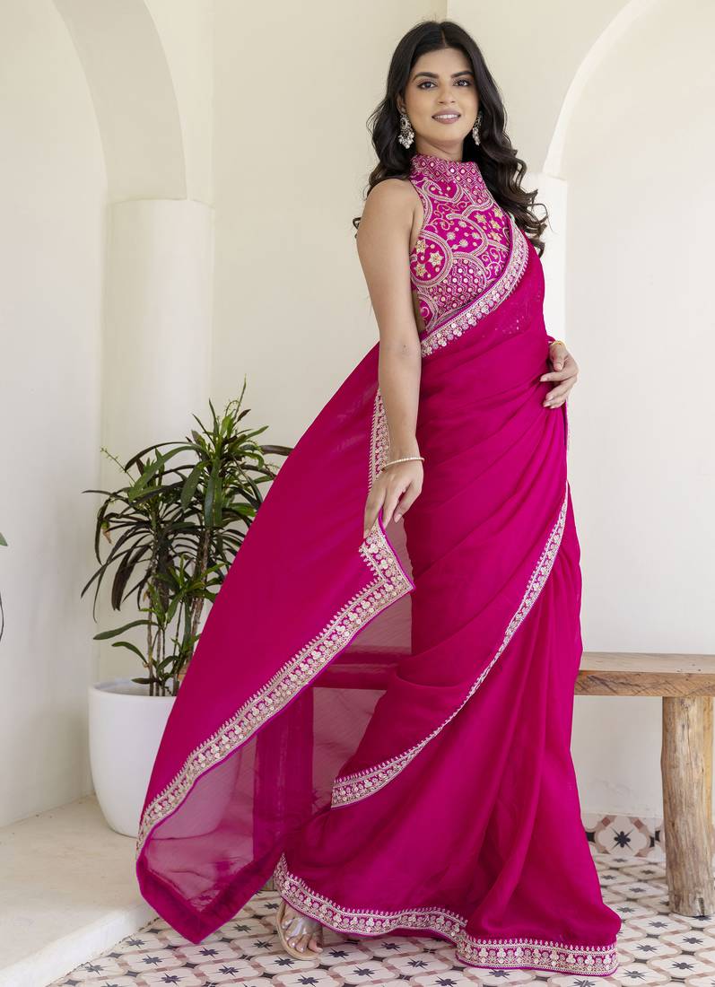 Hot Pink Rangoli Silk Cording Embroidered & 3 MM +7 MM Double Sequins Bridal Saree