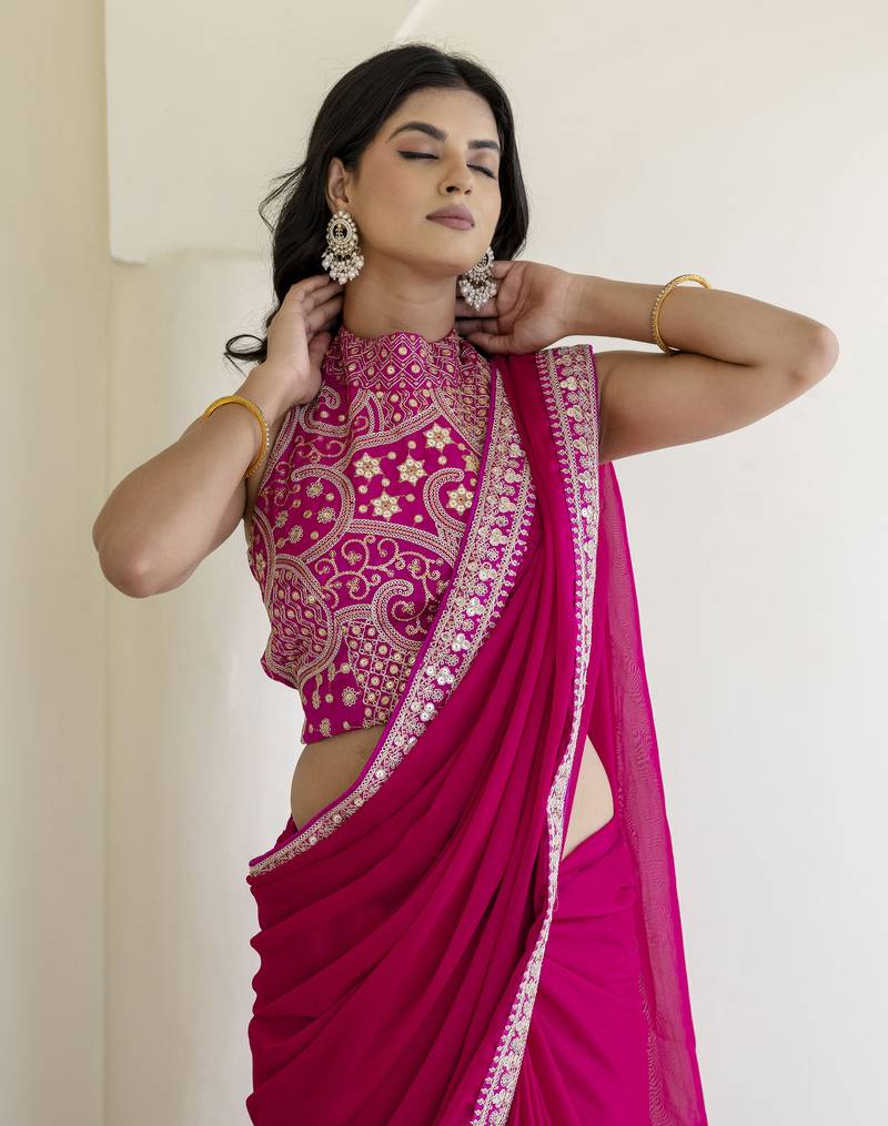 Hot Pink Rangoli Silk Cording Embroidered & 3 MM +7 MM Double Sequins Bridal Saree