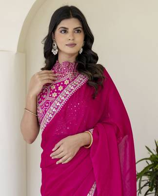 Hot Pink Rangoli Silk Cording Embroidered & 3 MM +7 MM Double Sequins Bridal Saree 3