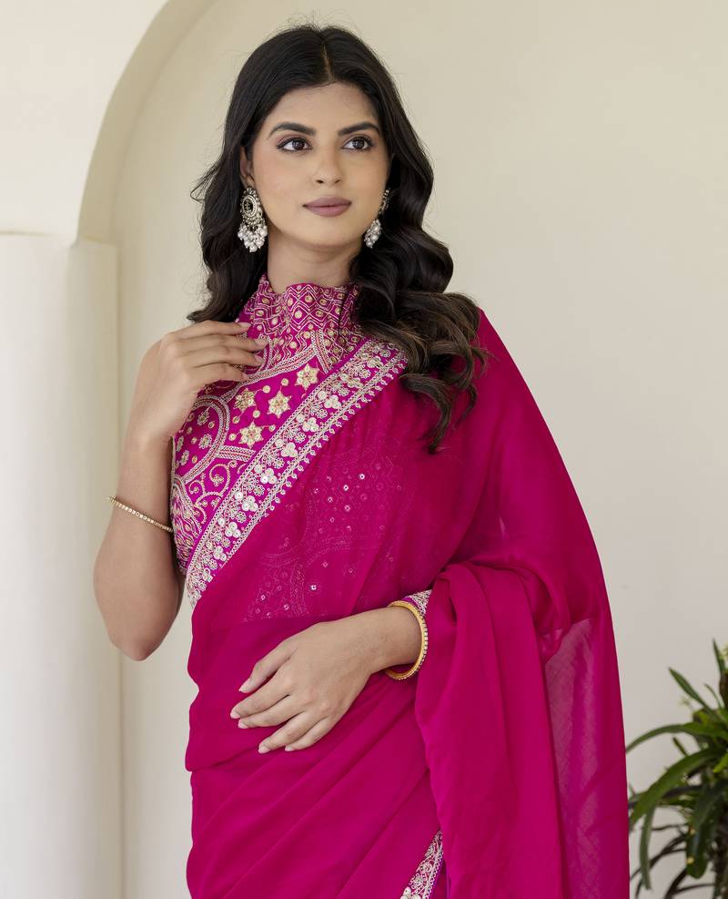 Hot Pink Rangoli Silk Cording Embroidered & 3 MM +7 MM Double Sequins Bridal Saree