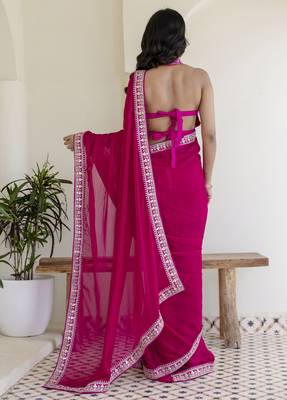 Hot Pink Rangoli Silk Cording Embroidered & 3 MM +7 MM Double Sequins Bridal Saree 4