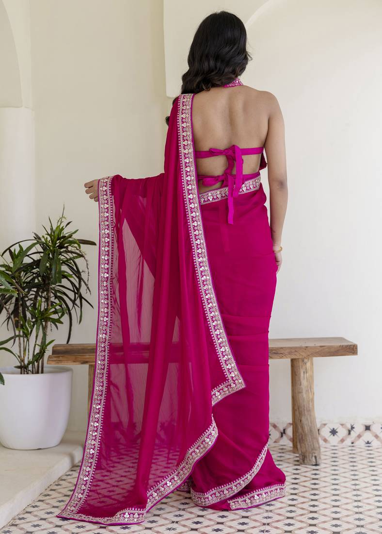 Hot Pink Rangoli Silk Cording Embroidered & 3 MM +7 MM Double Sequins Bridal Saree