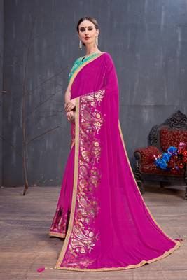 Dark pink embroidered georgette saree with blouse 2