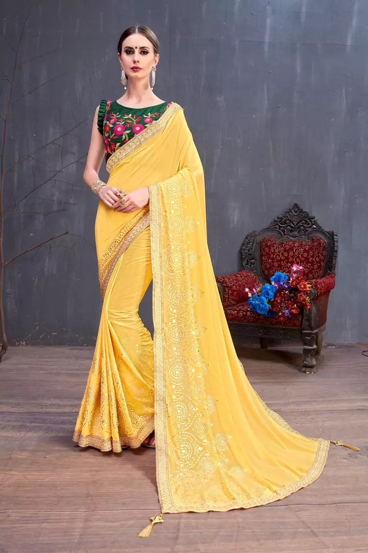 Yellow Rubber Foilage printed georgette saree with blouse