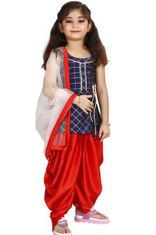 Kids Heavy Cotton Silk Blue Top And Red Partywear Patiala Salwar Suit For Girls Wear