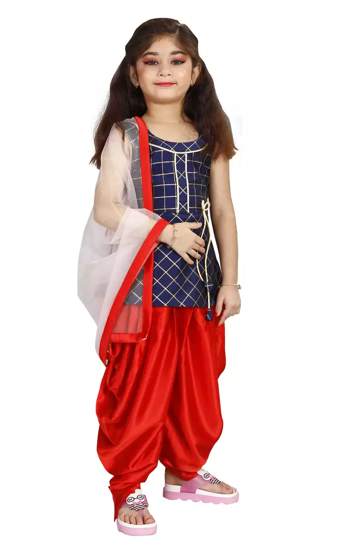 Kids Heavy Cotton Silk Blue Top And Red Partywear Patiala Salwar Suit For Girls Wear