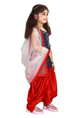 Kids Heavy Cotton Silk Blue Top And Red Partywear Patiala Salwar Suit For Girls Wear 2