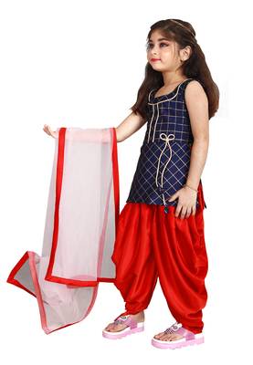 Kids Heavy Cotton Silk Blue Top And Red Partywear Patiala Salwar Suit For Girls Wear 3