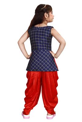 Kids Heavy Cotton Silk Blue Top And Red Partywear Patiala Salwar Suit For Girls Wear 4