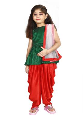 Kids Green Top And Red Patiala Salwar Suit Set  1