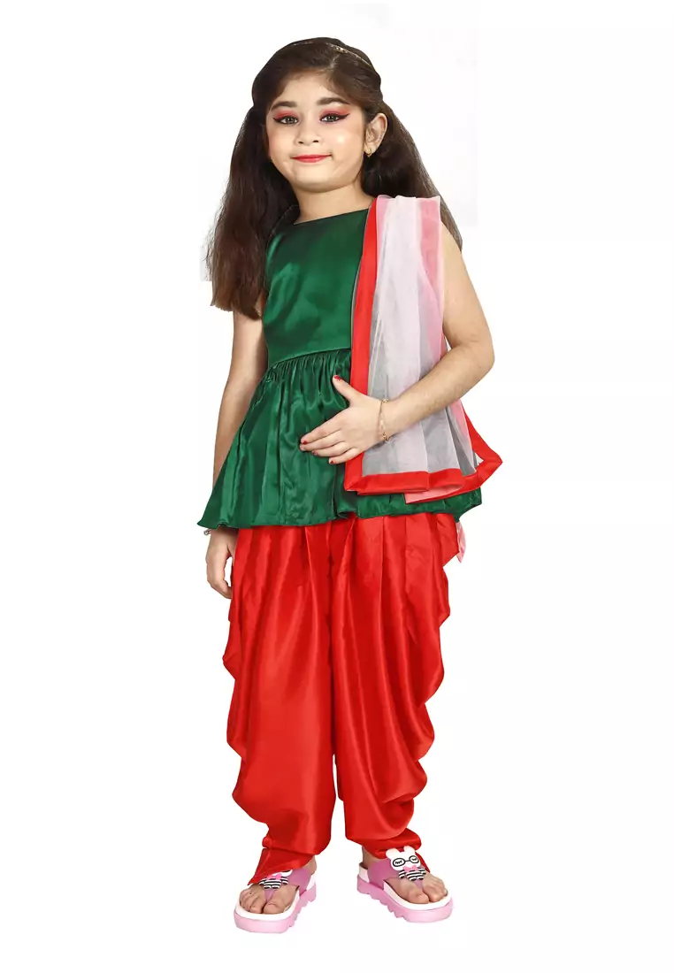 Kids Green Top And Red Patiala Salwar Suit Set 
