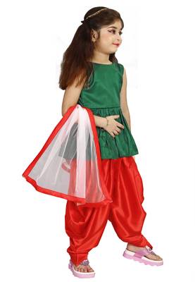 Kids Green Top And Red Patiala Salwar Suit Set  2