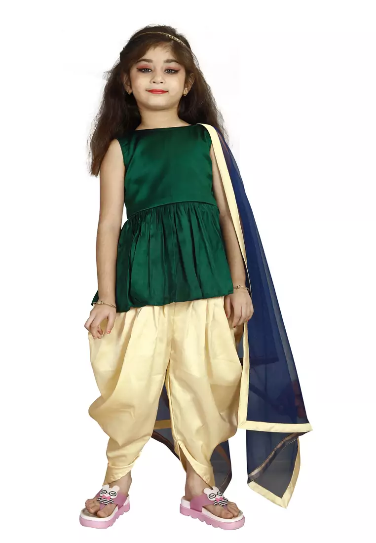 Green Top And Cream Cotton Silk Salwar Suit For Girls Wear 