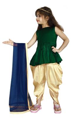 Green Top And Cream Cotton Silk Salwar Suit For Girls Wear  2