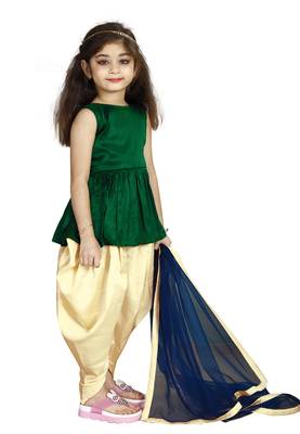 Green Top And Cream Cotton Silk Salwar Suit For Girls Wear  3