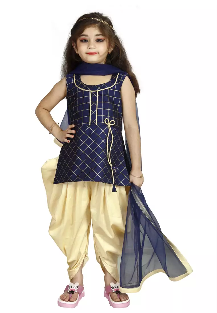 Kids Blue Top And Cream Patiala Salwar Suit For Girls 