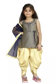 Kids Cotton Silk Grey Top And Cream Patiala Salwar Suit Set For Girls