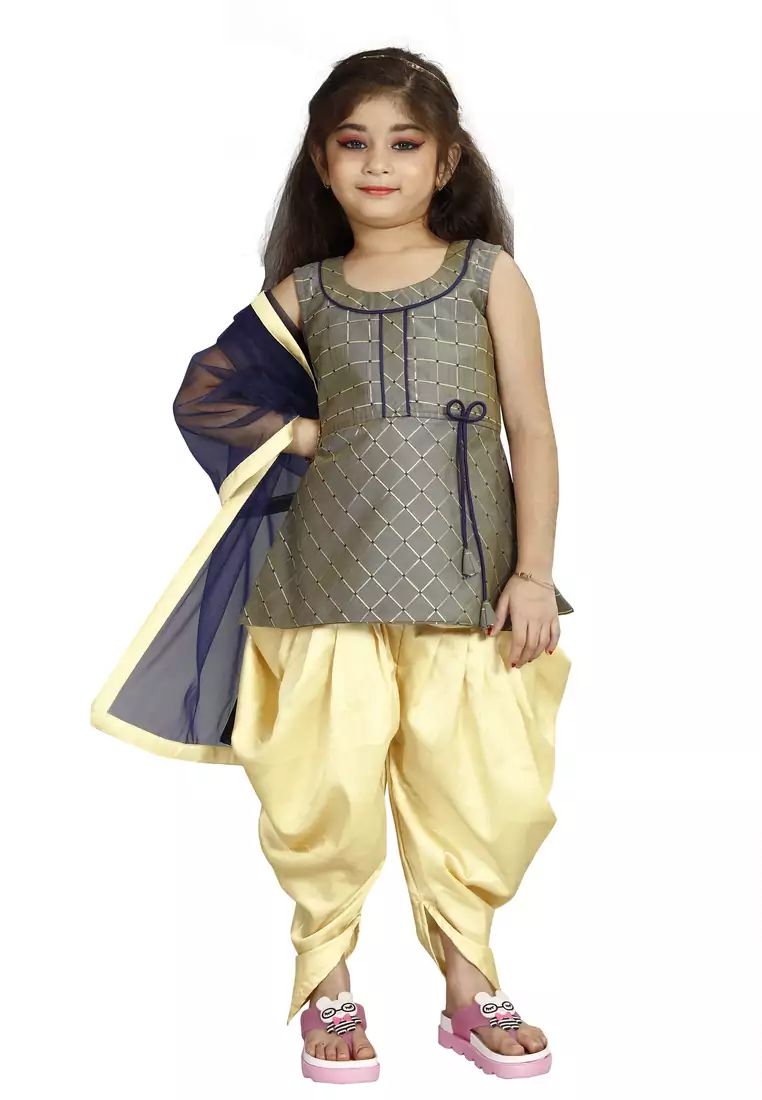 Kids Cotton Silk Grey Top And Cream Patiala Salwar Suit Set For Girls
