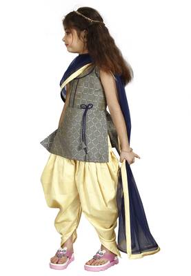 Kids Cotton Silk Grey Top And Cream Patiala Salwar Suit Set For Girls 2