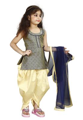 Kids Cotton Silk Grey Top And Cream Patiala Salwar Suit Set For Girls 3