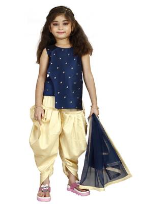 Kids Cotton Silk Blue Top And Cream Patiala Salwar Suit For Girls  1