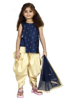 Kids Cotton Silk Blue Top And Cream Patiala Salwar Suit For Girls 