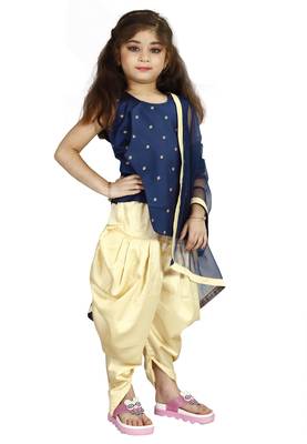 Kids Cotton Silk Blue Top And Cream Patiala Salwar Suit For Girls  2