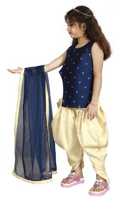 Kids Cotton Silk Blue Top And Cream Patiala Salwar Suit For Girls  3