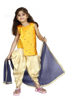Kids Cotton Silk Yellow Top And Cream Patiala Salwar Suit 