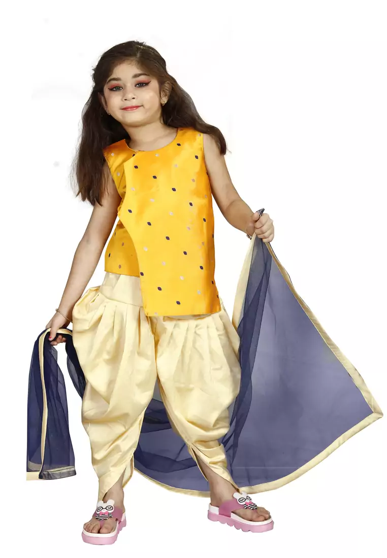 Kids Cotton Silk Yellow Top And Cream Patiala Salwar Suit 