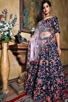 Navy-blue embroidered velvet semi stitched lehenga