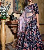 Navy-blue embroidered velvet semi stitched lehenga