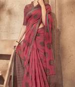 Pink woven cotton saree with blouse