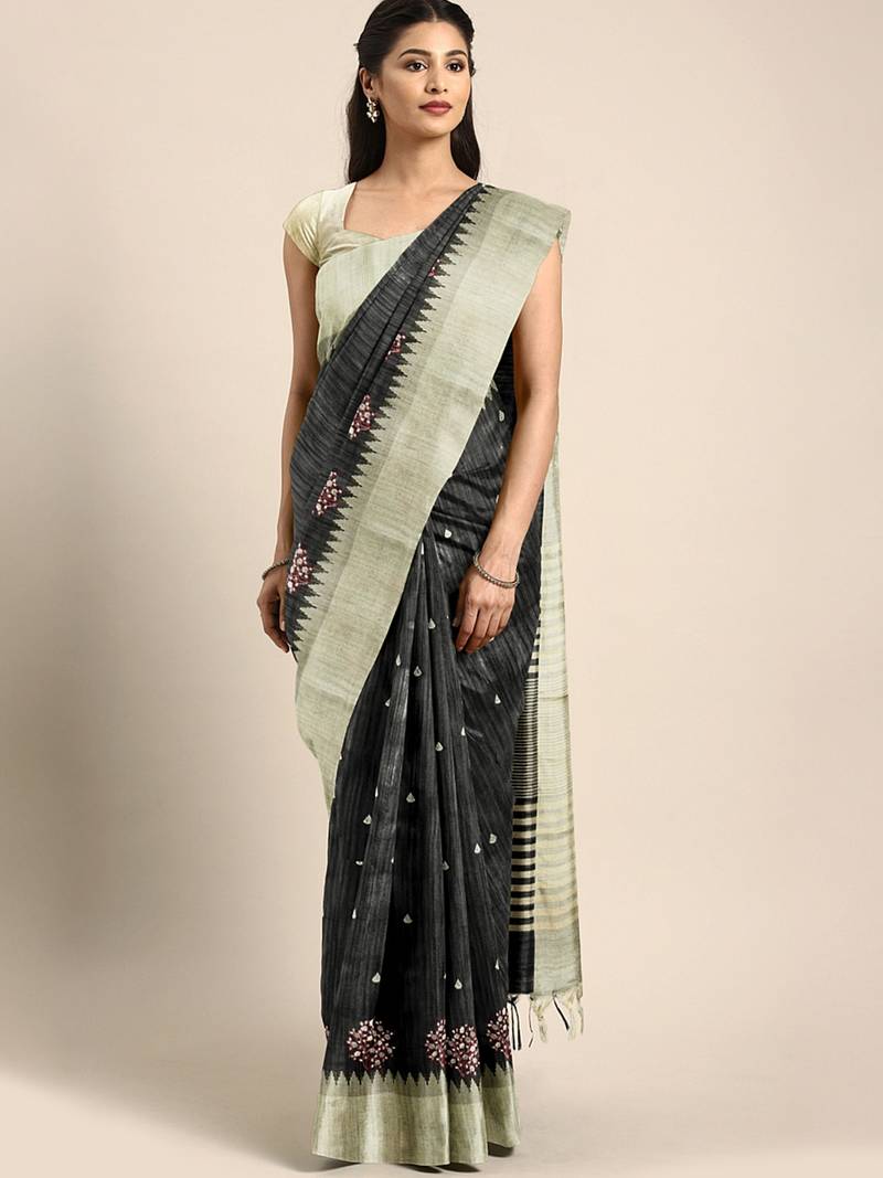 Black plain art silk saree with blouse