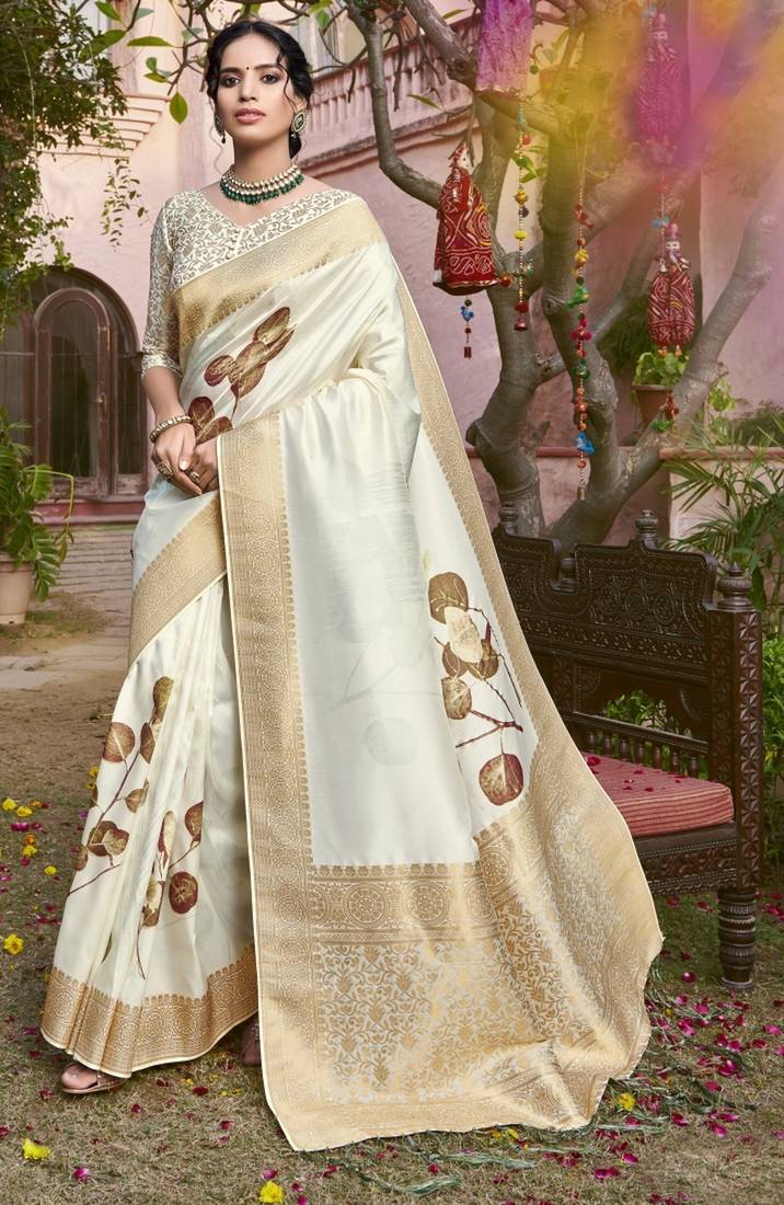 Off White Printed Silk Blend Saree With Unstitched Blouse Piece