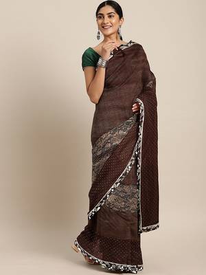 Brown plain lycra saree with blouse 1
