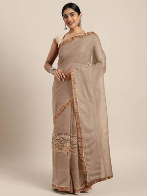 Beige plain lycra saree with blouse 1