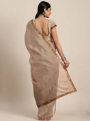 Beige plain lycra saree with blouse 2