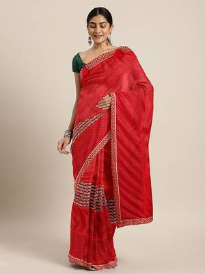 Red plain lycra saree with blouse 1