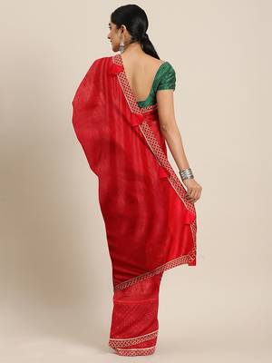 Red plain lycra saree with blouse 2