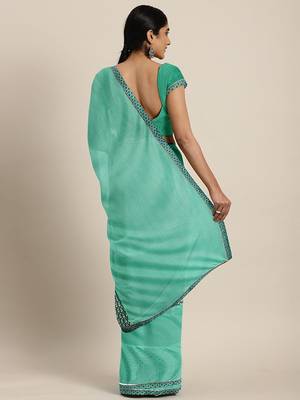Sky blue plain lycra saree with blouse 2