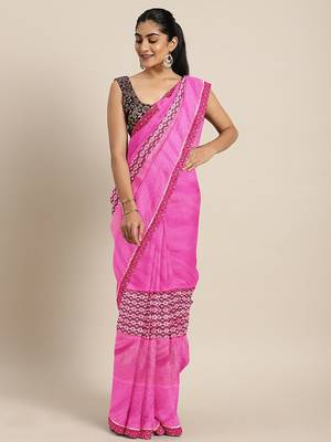 Pink plain lycra saree with blouse 1