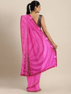 Pink plain lycra saree with blouse 2